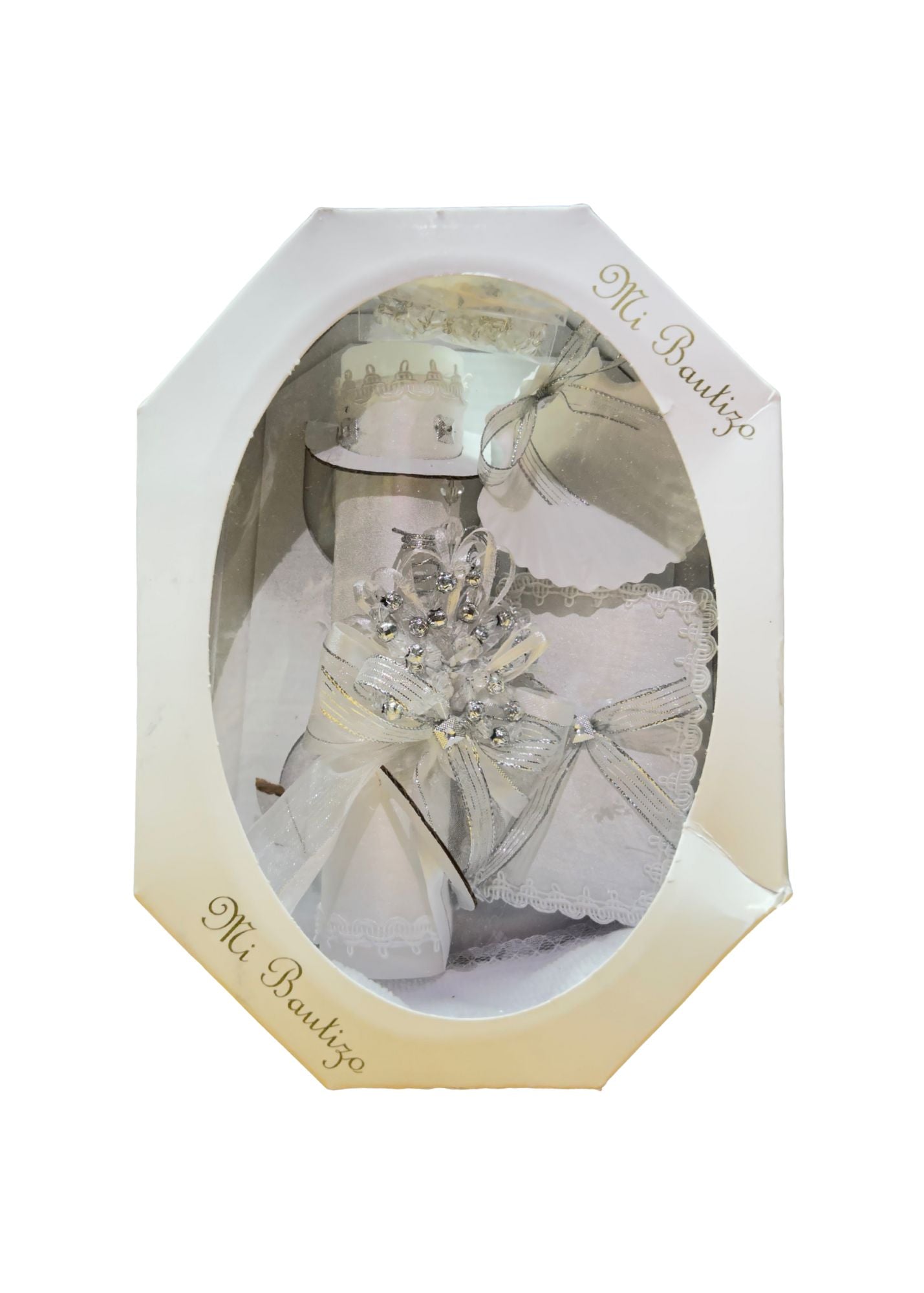 White & Silver Lace Baptism Candle Set