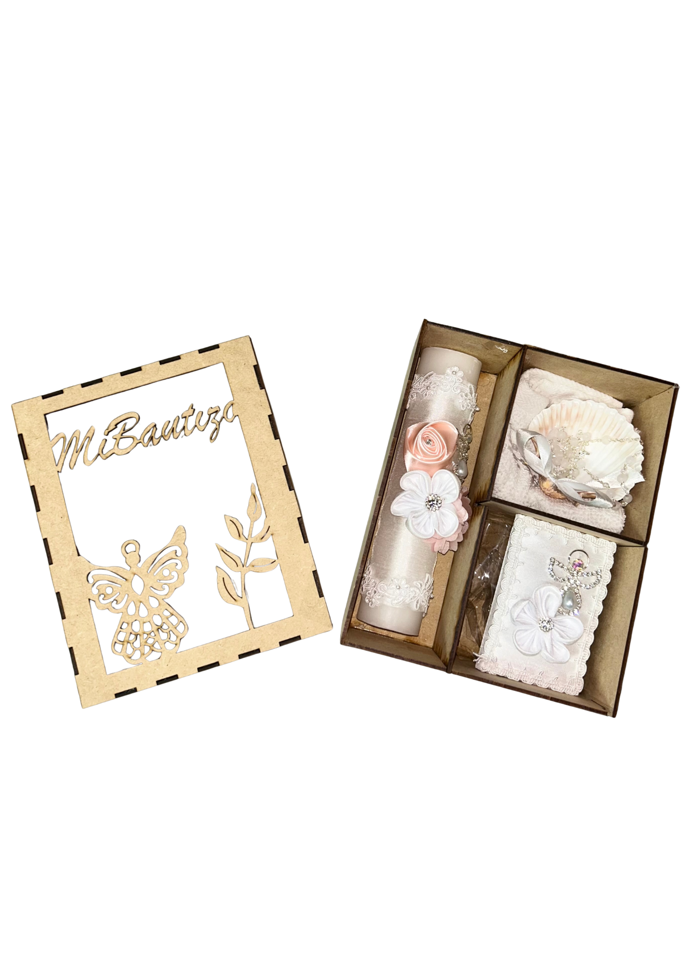 Pink Floral Wooden Baptism set