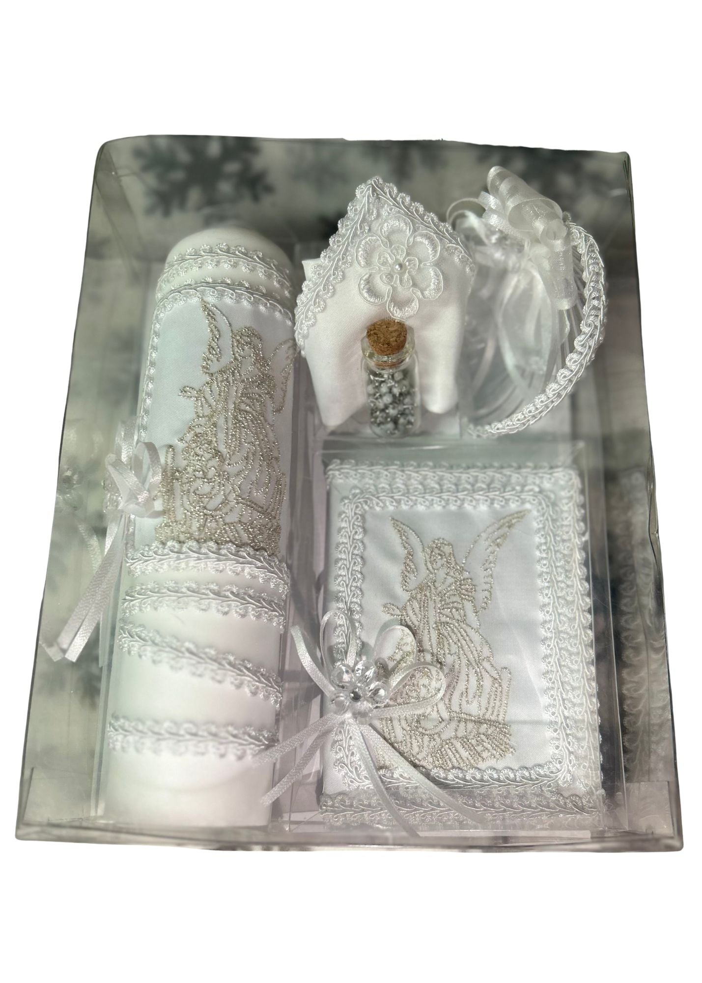 White & Silver Embroidered Baptism Candle Set