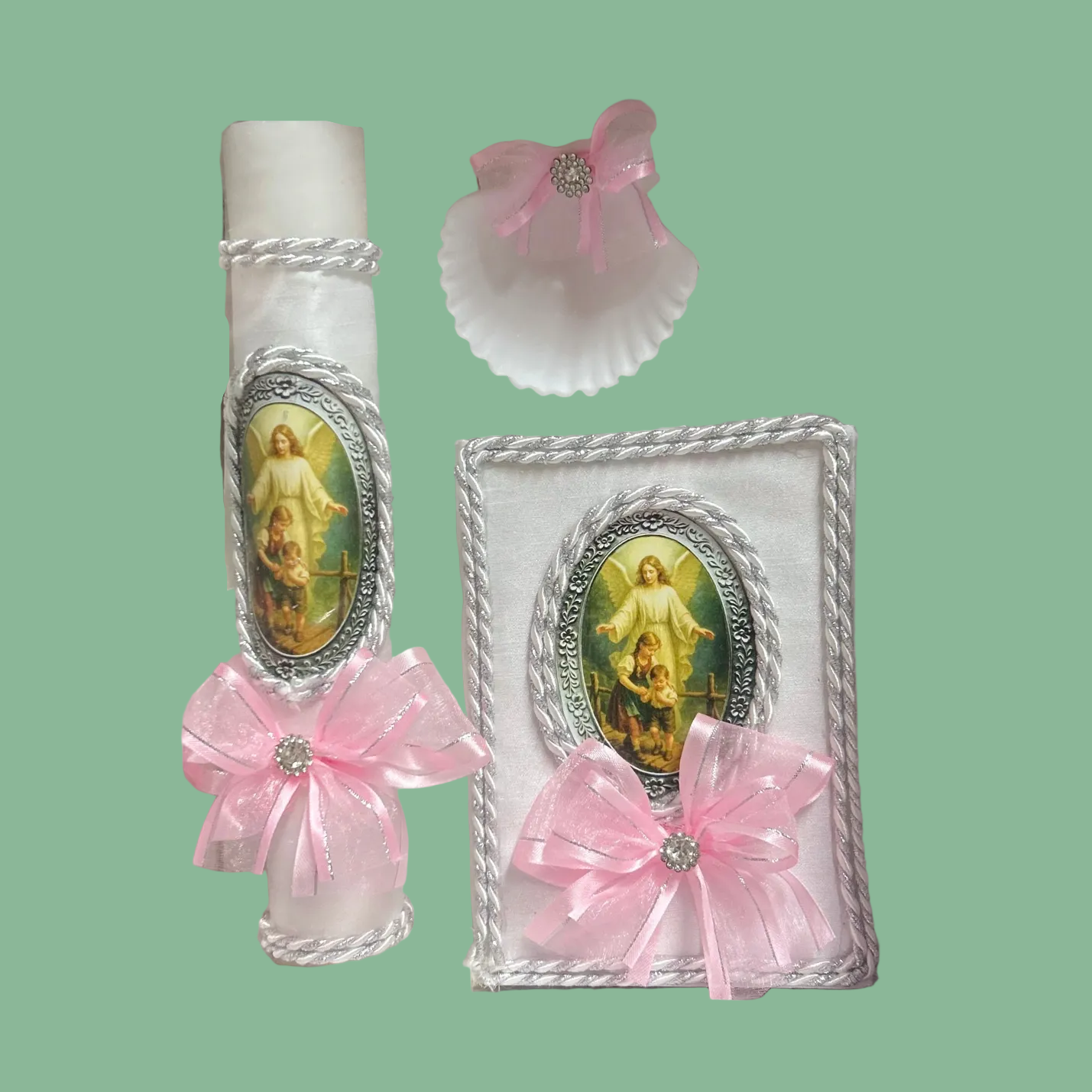 Pink Bow Baptism Candle Set (Angel)