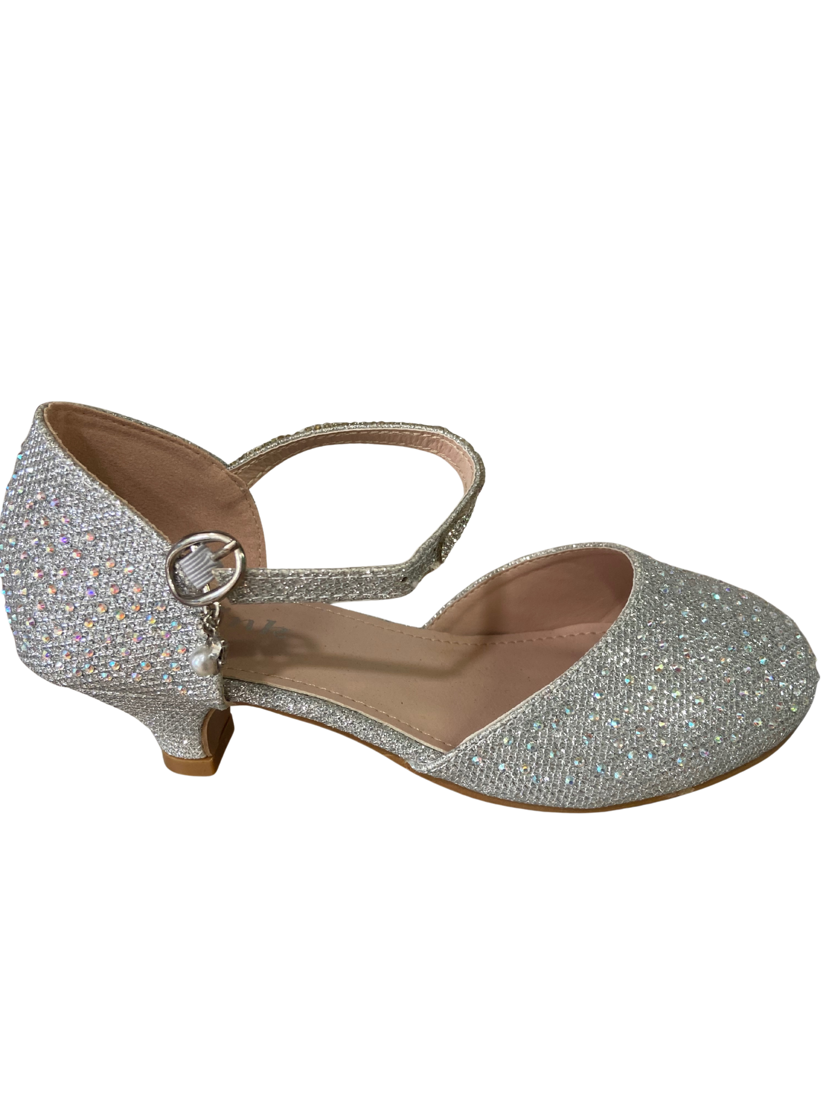 Girls Silver Rhinestone Strap Heel