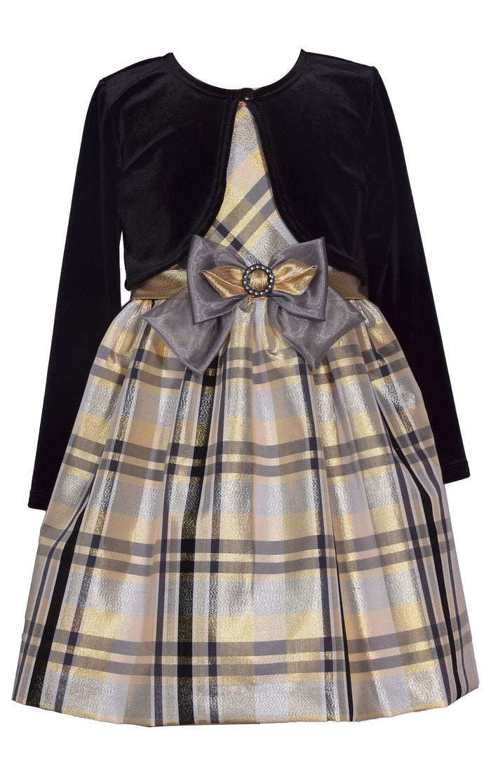 Gold Plaid Dress with Cardigan